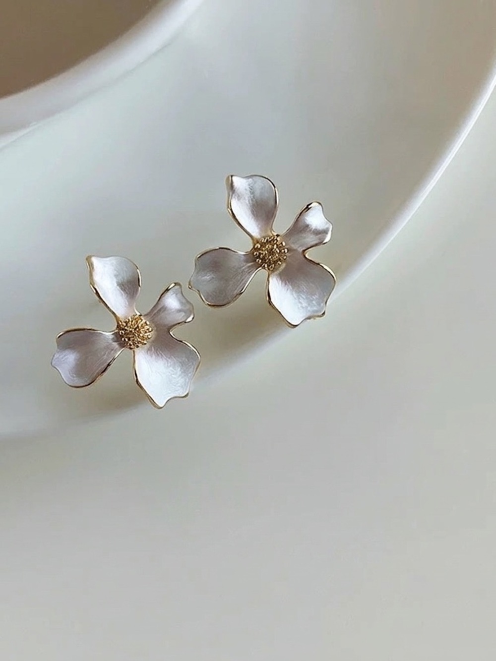 Pearlescent White Blossom Studs | 18K Gold Finish | 925 Sterling Silver Posts